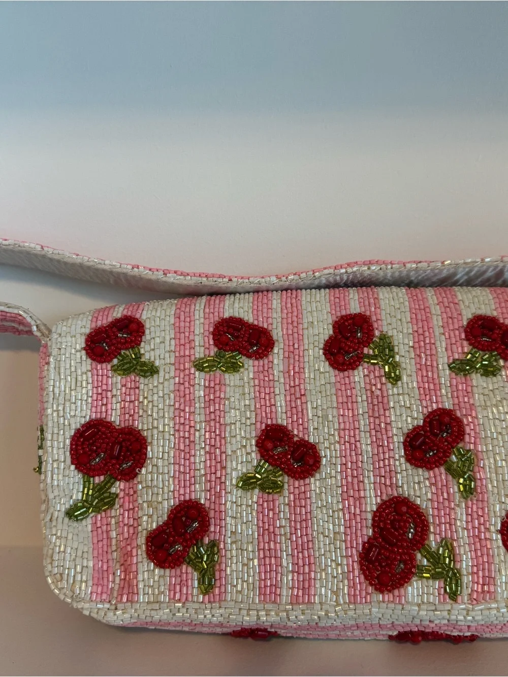 Viral Beaded Cherry Stripe Shoulder Bag in Pink and White - Picture 5 of 7